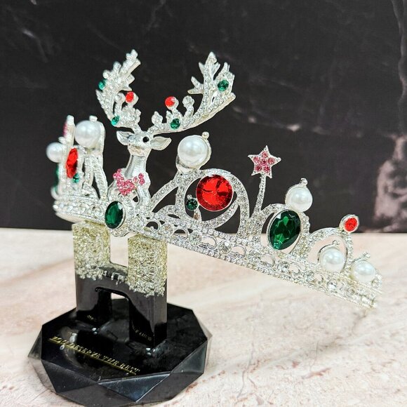Festive Holiday Crown, Christmas Headband, Silver Tiara Crown, Reindeer Crown - Picture 3 of 8